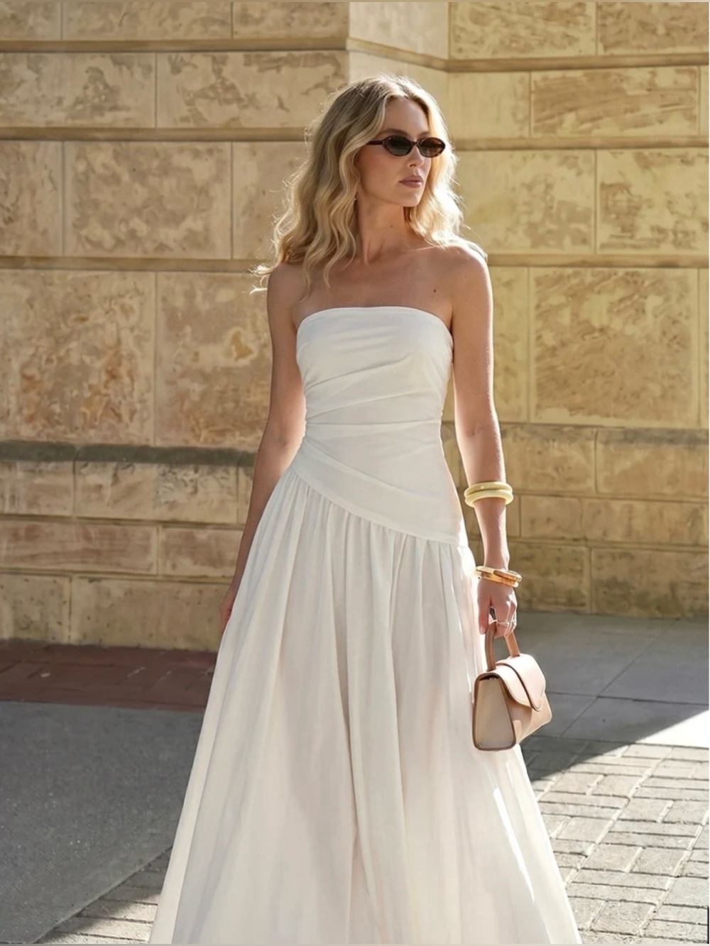 Commense Strapless White Maxi Dress with Draped Bodice
